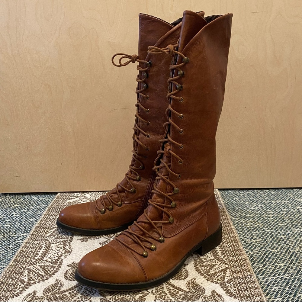 Miz Mooz Hannah Brown Leather Lace-up Knee High Combat Style Moto Boots Size 9